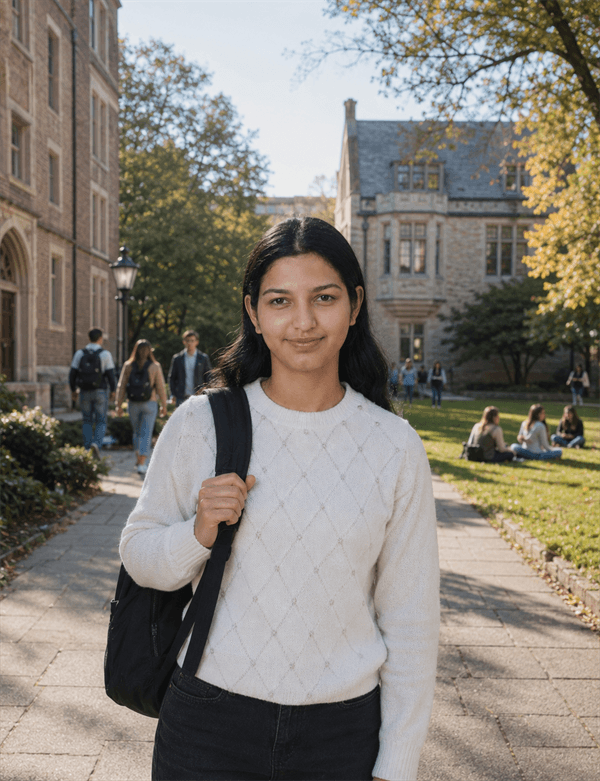 A student standing a smiling face